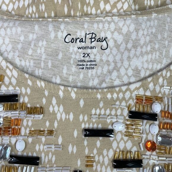 Coral Bay Womens 2X Sequined Jeweled Neckline Tan White Scoop Neck Top - Picture 6 of 6